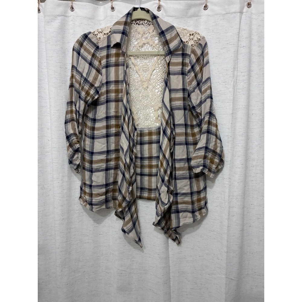 Plaid Cardigan Crochet Lace Back Tan Navy Medium Western Glam Cowgirl Coquette